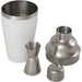 Seasons Gaudie Recycled Stainless Steel Cocktail Shaker - A stainless steel cocktail shaker set featuring a white shaker, jigger, strainer, and lid. Includes a logo.