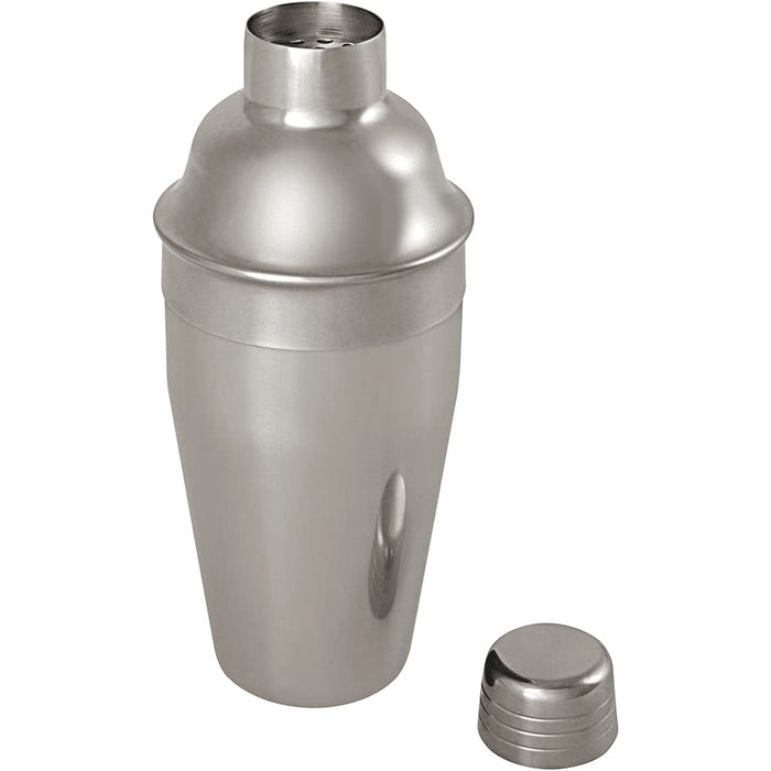 Seasons Gaudie Recycled Stainless Steel Cocktail Shaker - A stainless steel cocktail shaker in a sleek metallic finish, featuring a removable cap and a side opening.