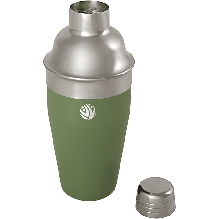 Seasons Gaudie Recycled Stainless Steel Cocktail Shaker - A green recycled stainless steel cocktail shaker with a silver top and lid, featuring a logo.