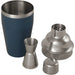 Seasons Gaudie Recycled Stainless Steel Cocktail Shaker - A stainless steel cocktail shaker set featuring a dark blue shaker, jigger, and two other metal components.