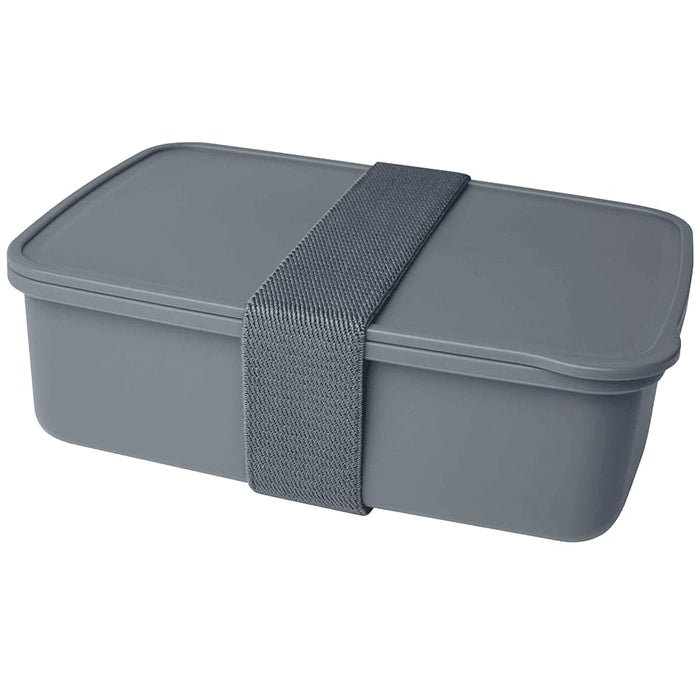 Seasons Dovi 800 ml Lunch Box - A grey lunch box with a sturdy strap, featuring a rectangular shape and a secure lid. It includes a logo.