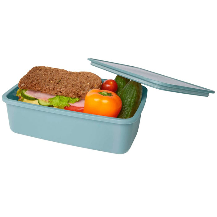 Seasons Dovi 800 ml Lunch Box - A light blue lunch box containing a sandwich, cucumber, cherry tomatoes, and a bell pepper. It has a lid and a logo.