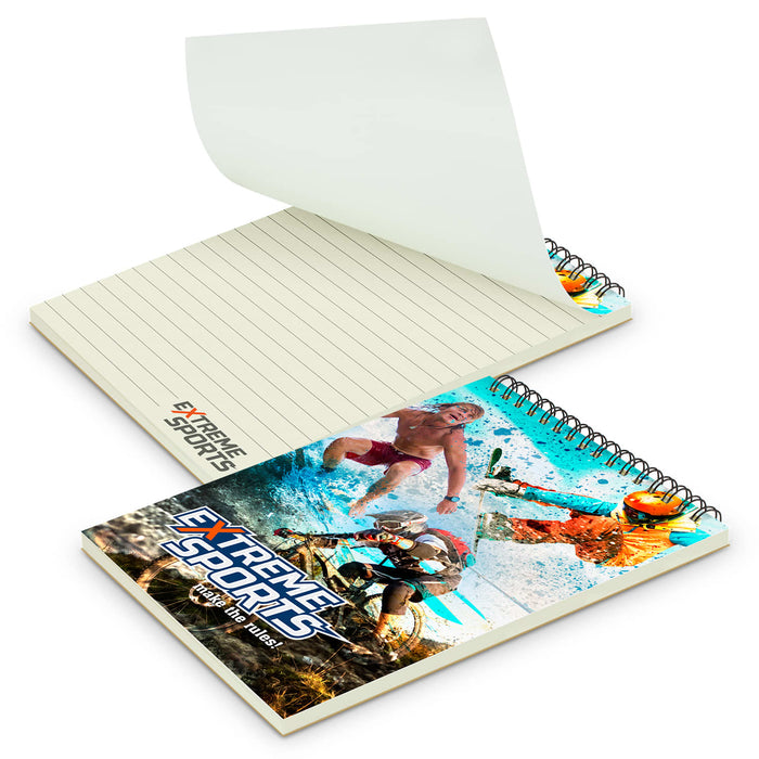 Scribe Full Colour Note Pad - Medium - A medium-sized, full-colour notepad with a spiral binding and a cover featuring an extreme sports design.