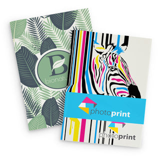 Camri Full Colour Notebook - Large - A large notebook featuring a leaf-patterned cover and a vibrant zebra design, with branding elements.