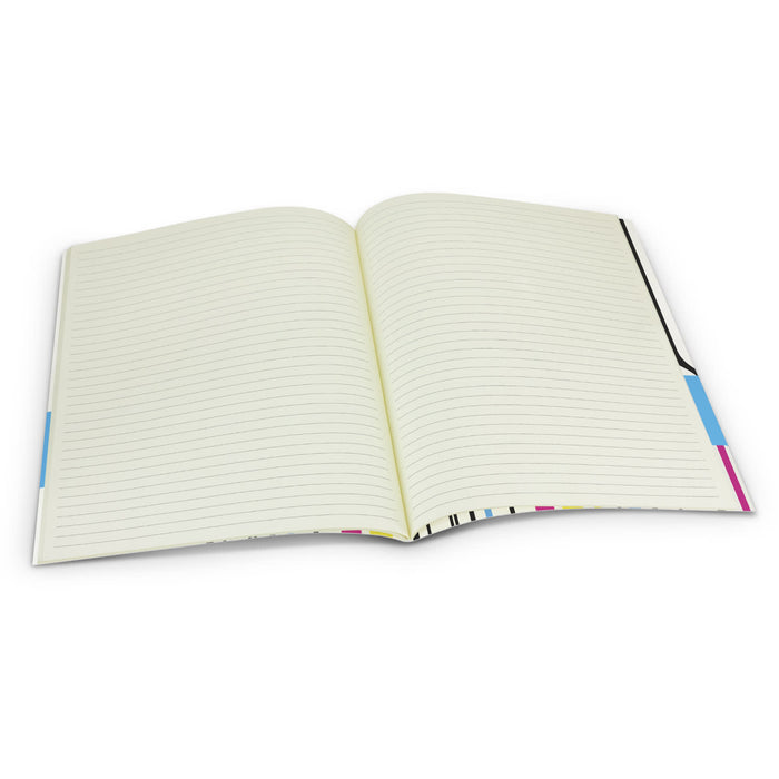 Camri Full Colour Notebook - Large - A large, open notebook with lined pages and colourful side tabs, featuring a simple design and a logo.