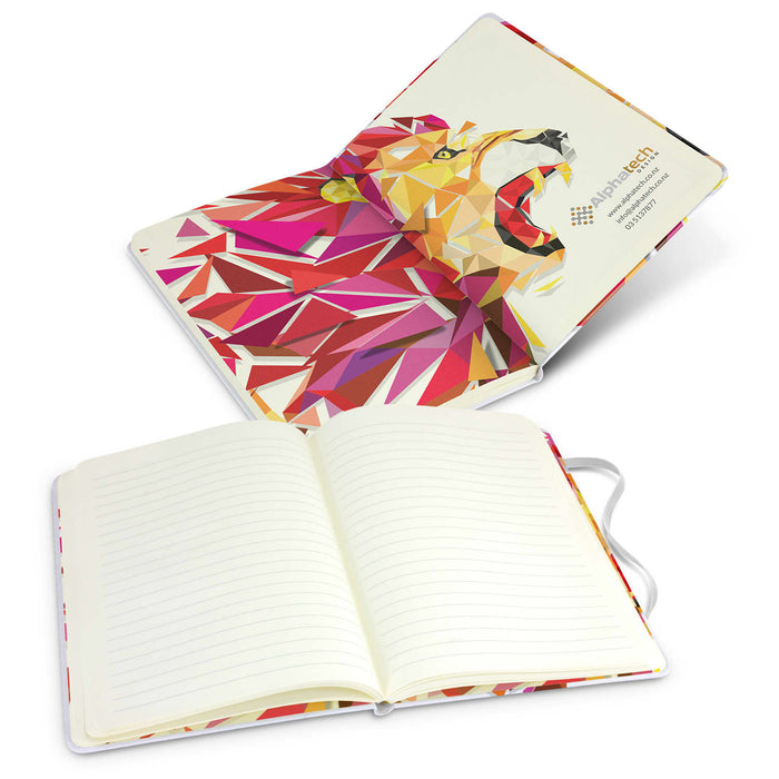 Supra Full Colour Notebook - A full-colour notebook featuring a geometric lion design on the cover and lined pages inside. Includes a logo.