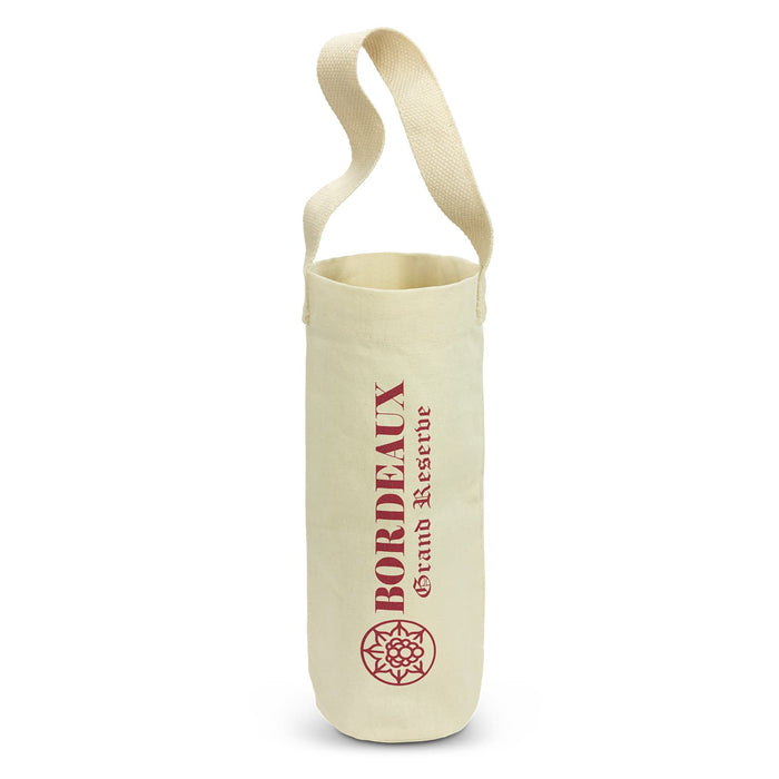Cotton Wine Tote Bag - A cotton wine tote bag in cream with a single shoulder strap and a logo.