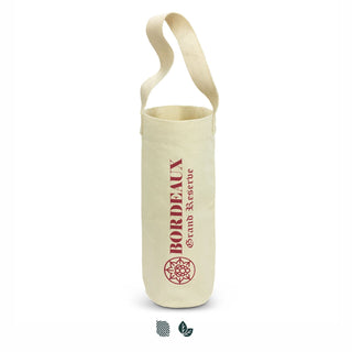 Cotton Wine Tote Bag - A cream cotton wine tote bag with a shoulder strap and a logo. It features a cylindrical shape for holding bottles.