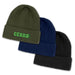 Denali Beanie - Three knitted beanies in olive green, navy blue, and black, each featuring a logo on the front.