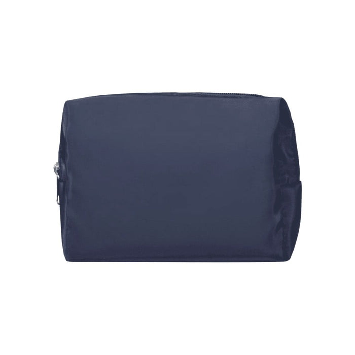 Muse GRS RPET Toiletry Bag - A navy blue toiletry bag with a zip closure and side pocket, featuring a logo.