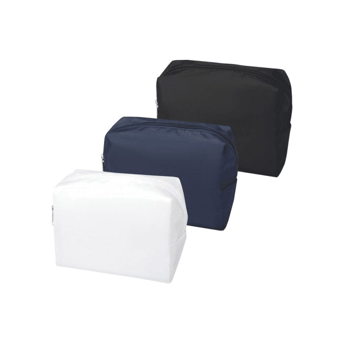 Muse GRS RPET Toiletry Bag - Three toiletry bags in black, navy blue, and white, featuring a zip closure and a logo.