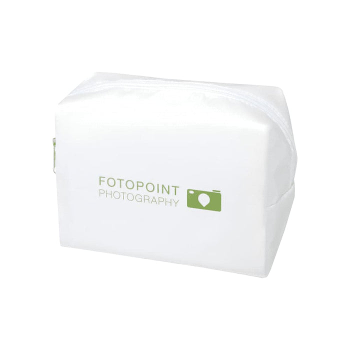 Muse GRS RPET Toiletry Bag - A white toiletry bag with a zip closure and a small logo. Features a rectangular shape and smooth texture.