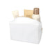 Muse GRS RPET Toiletry Bag - A white toiletry bag containing three cosmetic products in tubes and a bottle, all with neutral tones.