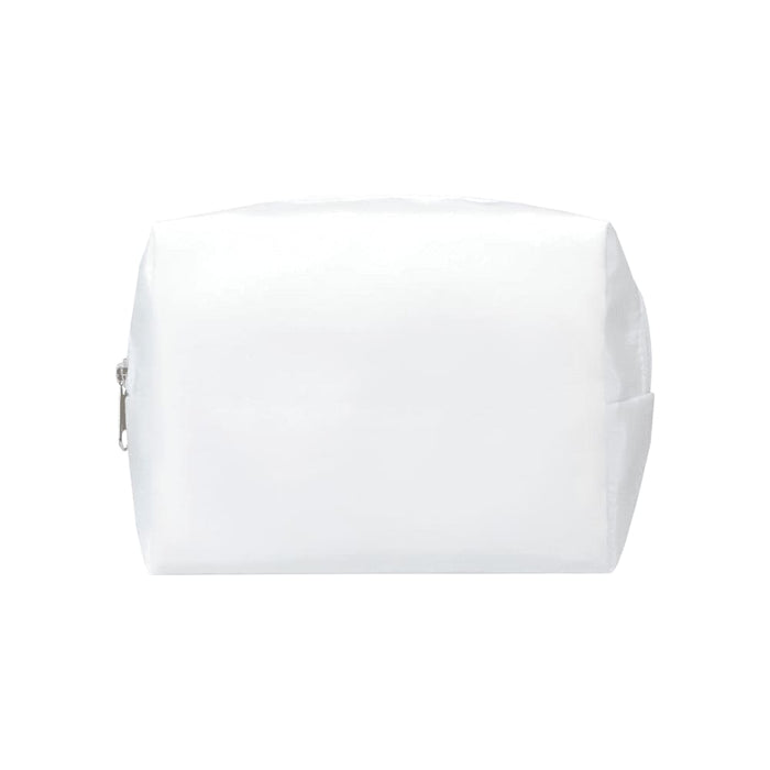 Muse GRS RPET Toiletry Bag - A white toiletry bag with a zipper closure and a logo. Compact and rectangular in shape.