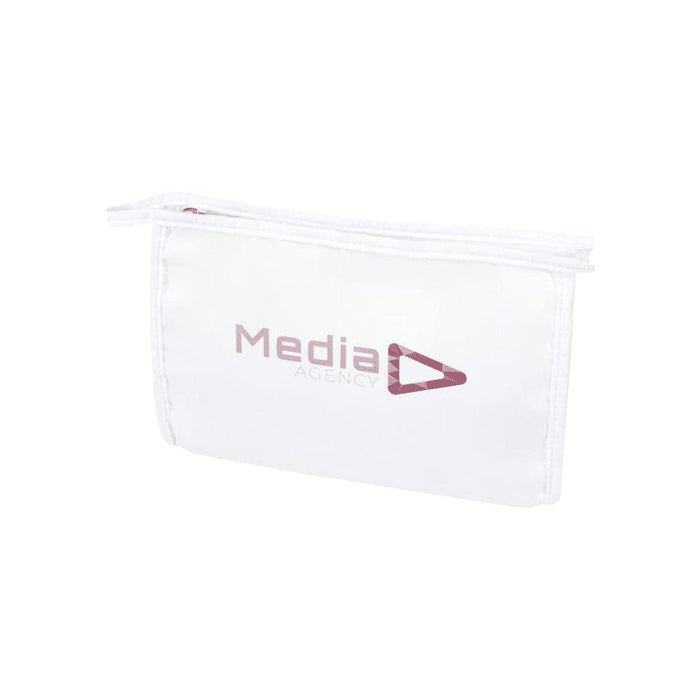 Muse GRS RPET Toiletry Pouch - A white toiletry pouch featuring a zip closure and a branding logo in purple.