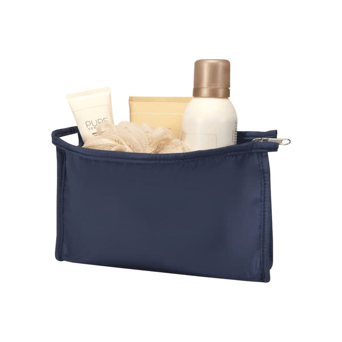 Muse GRS RPET Toiletry Pouch - A navy toiletry pouch containing various beauty products, including lotions and a loofah, with a visible logo.