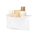 Muse GRS RPET Toiletry Pouch - A white toiletry pouch containing skincare items, including lotions and a loofah, with a logo visible.