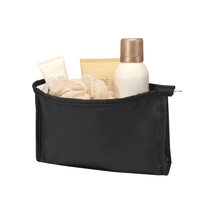 Muse GRS RPET Toiletry Pouch - A black toiletry pouch filled with various cosmetic bottles and tubes, featuring a small logo.