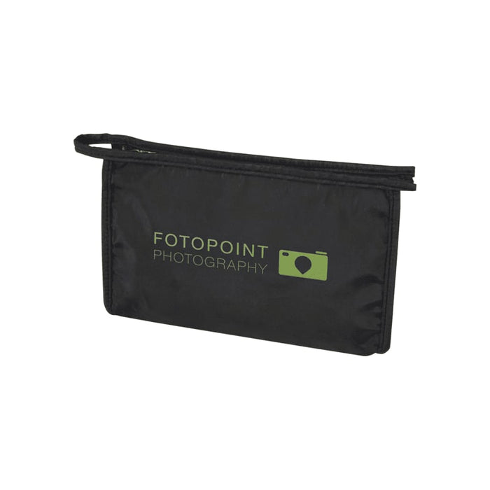 Muse GRS RPET Toiletry Pouch - A black toiletry pouch with a zip closure and a logo on the front. Features a small handle for easy carrying.