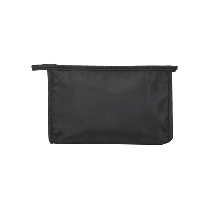 Muse GRS RPET Toiletry Pouch - A black toiletry pouch made from RPET material, featuring a zip closure and a branded logo.