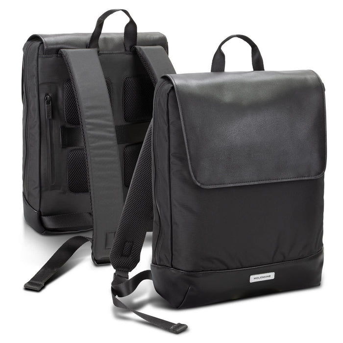 Moleskine Metro Slim Backpack - A black Moleskine Metro Slim Backpack featuring a minimalist design, padded straps, and multiple pockets.