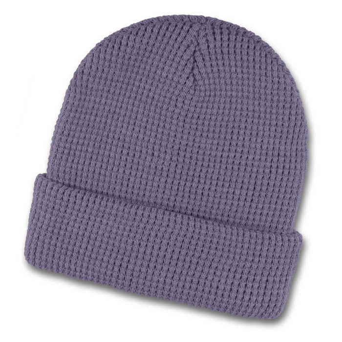 Galway Waffle Beanie - A grey waffle-knit beanie featuring a folded brim and a textured pattern. It has a branding logo.