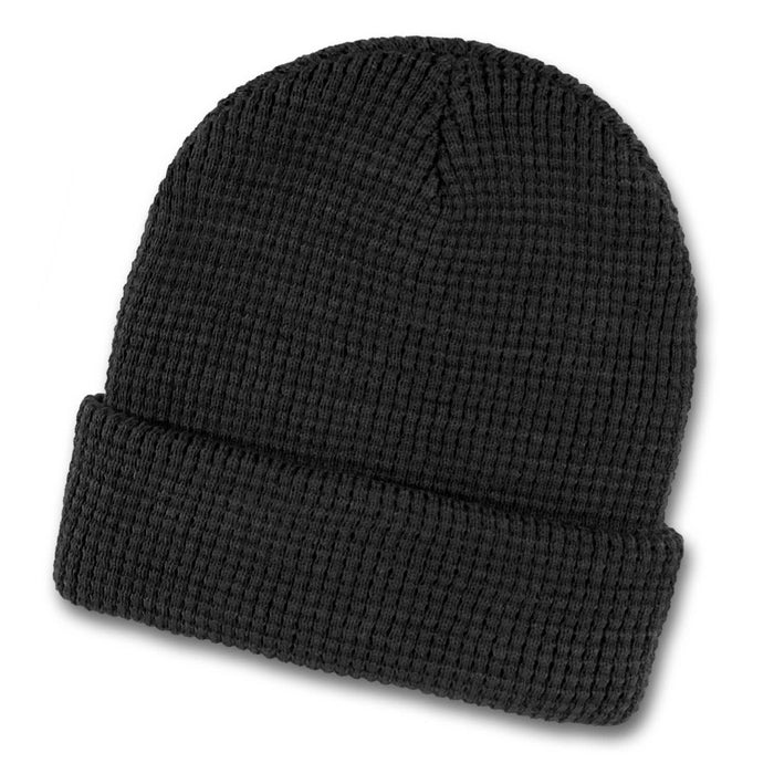 Galway Waffle Beanie - A black knitted beanie with a folded brim, featuring a logo on the side.