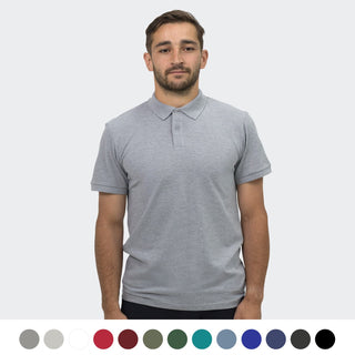 TRENDSWEAR Carter Men's Polo - A grey men's polo shirt featuring a collar, short sleeves, and a logo. Available in various colours.