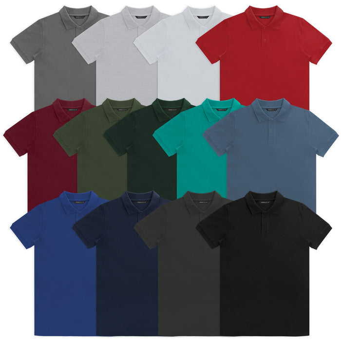 TRENDSWEAR Carter Men's Polo - A collection of TRENDSWEAR Carter men's polo shirts in various colours, including grey, white, red, and navy. Each shirt features a logo.