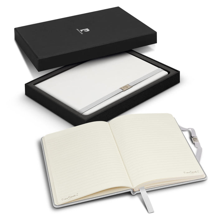 Pierre Cardin Nouvelle Notebook Gift Set - Special - A notebook gift set featuring a white notebook with lined pages, presented in a black box with a logo.
