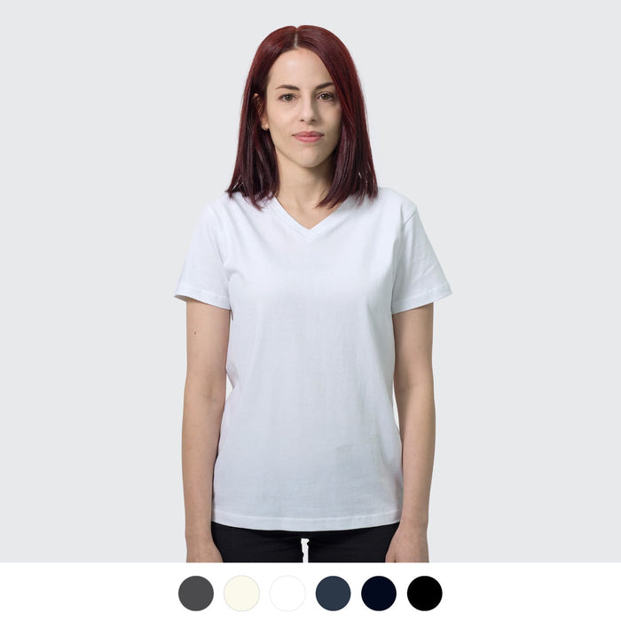 TRENDSWEAR Viva Womens T-Shirt - A white women's t-shirt with a v-neck design, featuring a model standing against a light grey background.