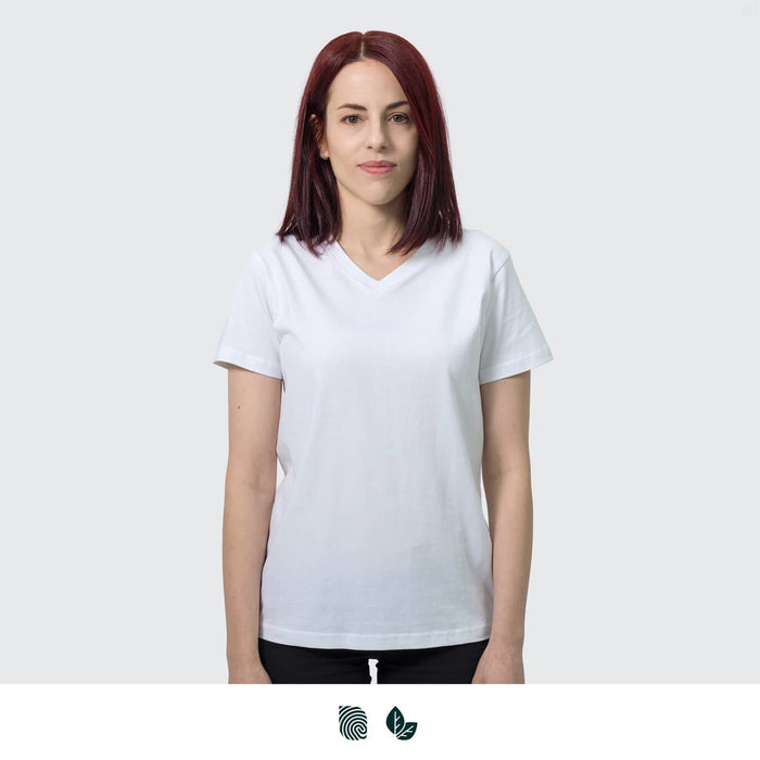 TRENDSWEAR Viva Womens T-Shirt - A white women's t-shirt with a v-neck design, displayed on a model with shoulder-length hair.