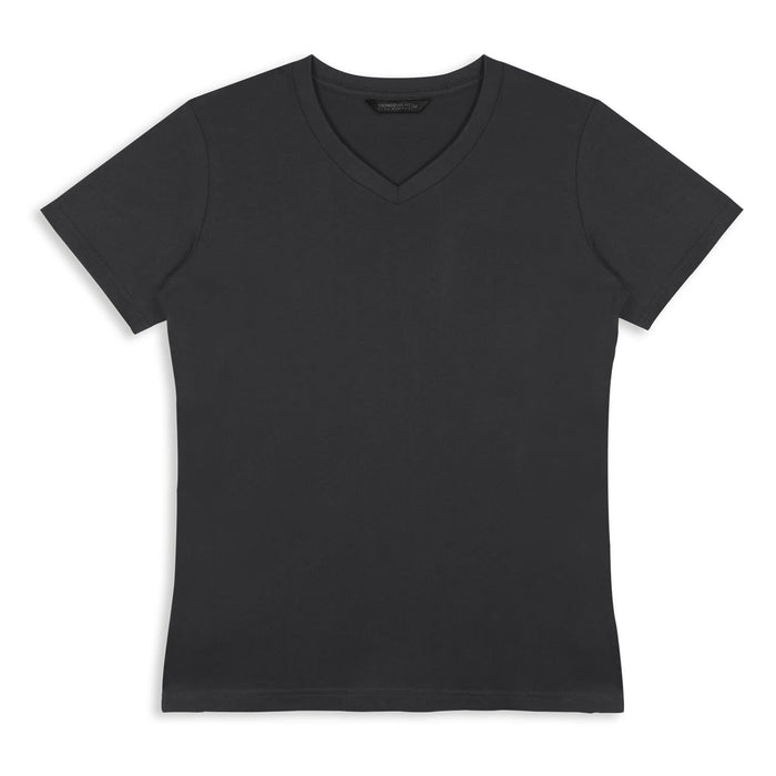 TRENDSWEAR Viva Womens T-Shirt - A black women's T-shirt with a V-neck and short sleeves, featuring a logo on the label.