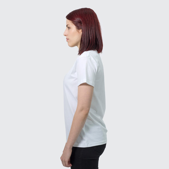 TRENDSWEAR Viva Womens T-Shirt - A side view of a woman wearing a white TRENDSWEAR Viva women's T-shirt. The shirt has a simple design and a logo.