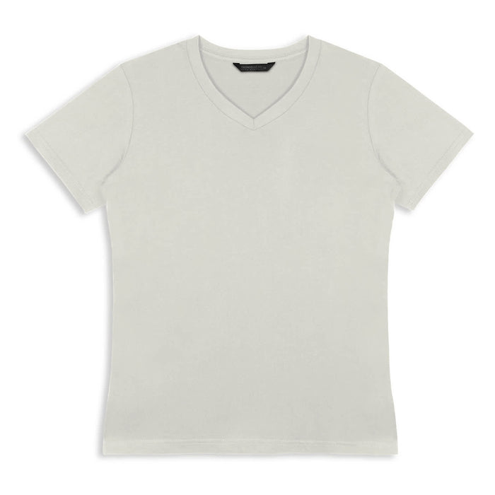 TRENDSWEAR Viva Womens T-Shirt - A light grey women's t-shirt with a v-neck design, featuring a logo on the neckline.