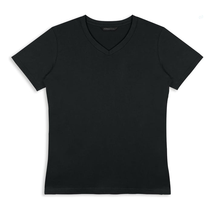 TRENDSWEAR Viva Womens T-Shirt - A black women's t-shirt with a v-neck and short sleeves, featuring a logo.