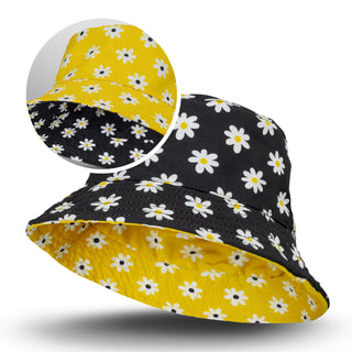 Sonny Custom Reversible Bucket Hat - A reversible bucket hat featuring a yellow floral pattern on one side and a black floral pattern on the other.