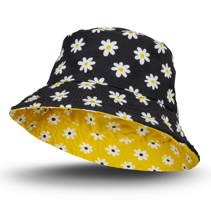 Sonny Custom Reversible Bucket Hat - A reversible bucket hat featuring a black floral pattern with daisies and a yellow inner lining. Includes a logo.