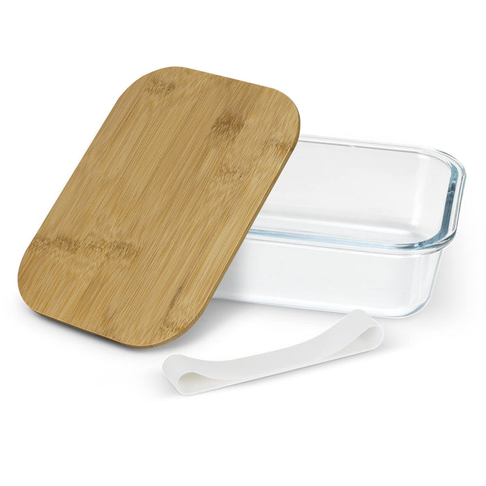NATURA Iris Glass Lunch Box - A glass lunch box with a bamboo lid and a white silicone band, featuring a clear glass base and a rectangular shape.