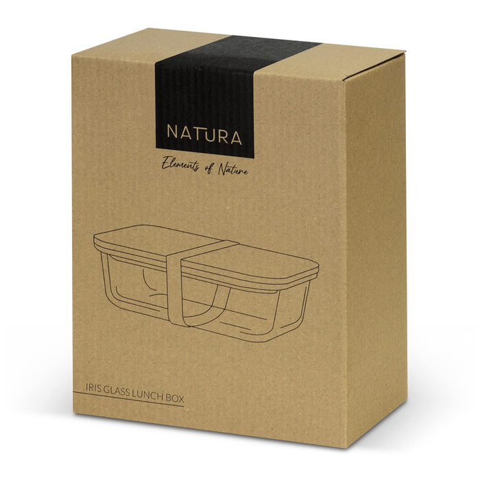 NATURA Iris Glass Lunch Box - A kraft cardboard box containing a glass lunch box. The lunch box features a clear design and comes with a strap.