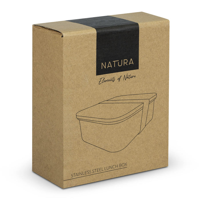 NATURA Stainless Steel Lunch Box - A stainless steel lunch box in a brown packaging featuring a minimalist design and a logo.