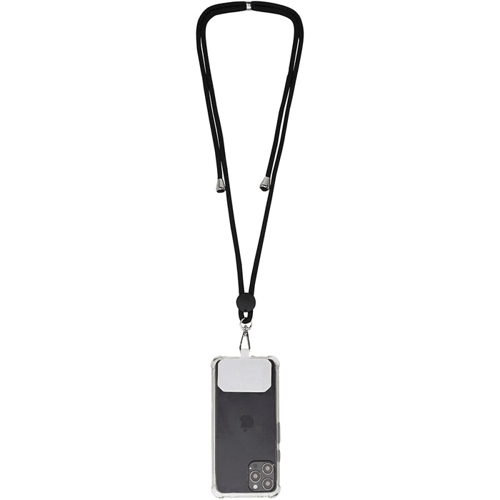 Kubi Phone Lanyard - A phone lanyard in black holds a transparent phone case, featuring a logo on the back.