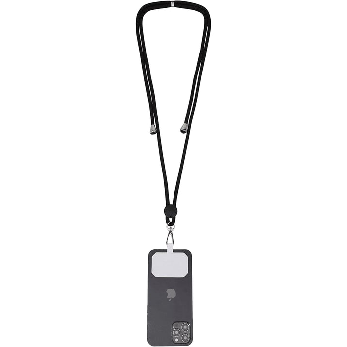 Kubi Phone Lanyard - A black phone lanyard holds a mobile phone with a sleek design and a logo, featuring a secure attachment.