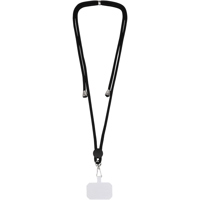 Kubi Phone Lanyard - A black phone lanyard with a round fastener and a clear name tag holder at the bottom.