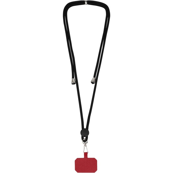 Kubi Phone Lanyard - A black phone lanyard featuring a red rectangular holder at the bottom and silver clips on either end.