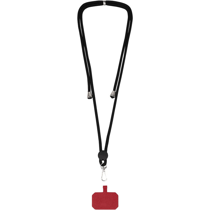 Kubi Phone Lanyard - A black phone lanyard with silver tips and a red holder at the bottom. Features a branding logo.