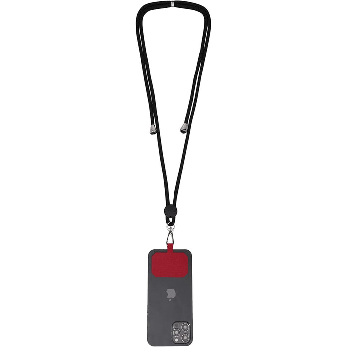 Kubi Phone Lanyard - A phone lanyard featuring a black strap and a grey phone holder with a red attachment. It has a logo on the holder.