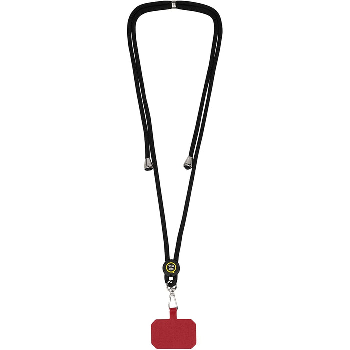 Kubi Phone Lanyard - A black phone lanyard with a red attachment at the bottom and a circular clasp in the centre.
