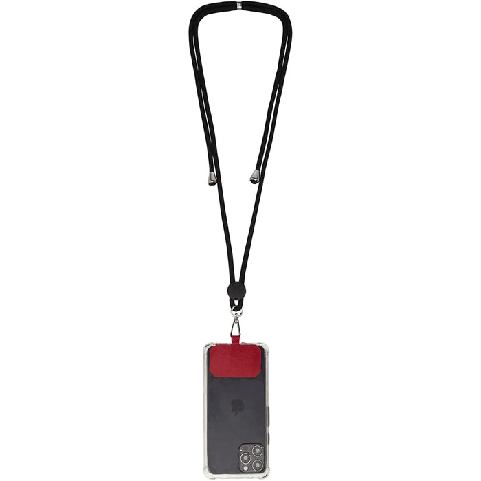 Kubi Phone Lanyard - A black phone lanyard with a red attachment holding a phone case securely. The lanyard is adjustable.