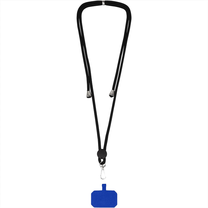Kubi Phone Lanyard - A black phone lanyard featuring a blue attachment with a clip at the end. It has a branding logo.